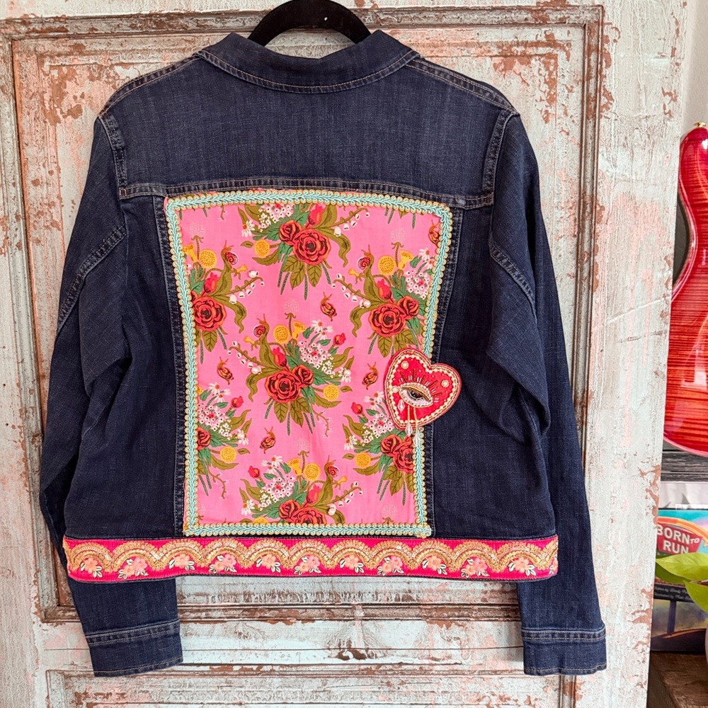 One-of-a-Kind Boho Denim Fitted Jacket – Hand-Embellished with Floral Accents